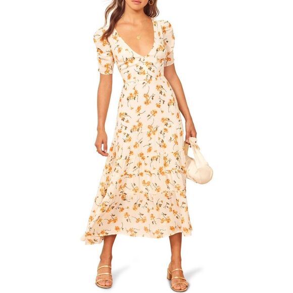 Reformation Floral Cosa Tiered Coquette Girly Vacation Midi Dress Sz 8 - Picture 6 of 11